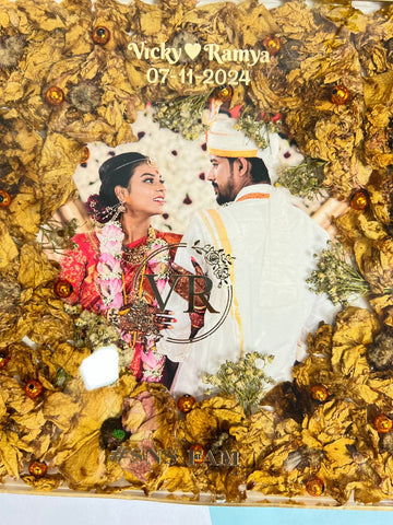 Resin 8inch squre with couple photo and Name and Date with Couple photo and Logo white Flower Varmala Preservation