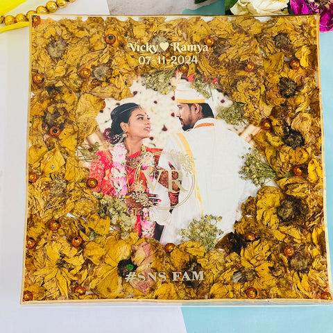 Resin 8inch squre with couple photo and Name and Date with Couple photo and Logo white Flower Varmala Preservation