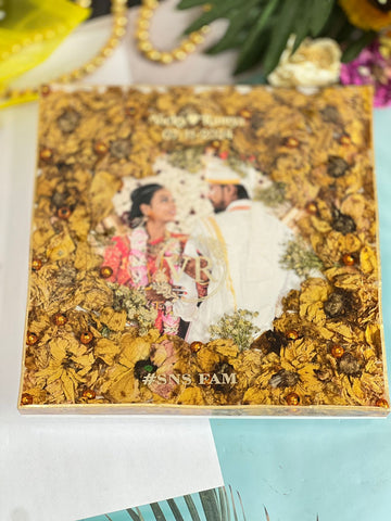 Resin 8inch squre with couple photo and Name and Date with Couple photo and Logo white Flower Varmala Preservation