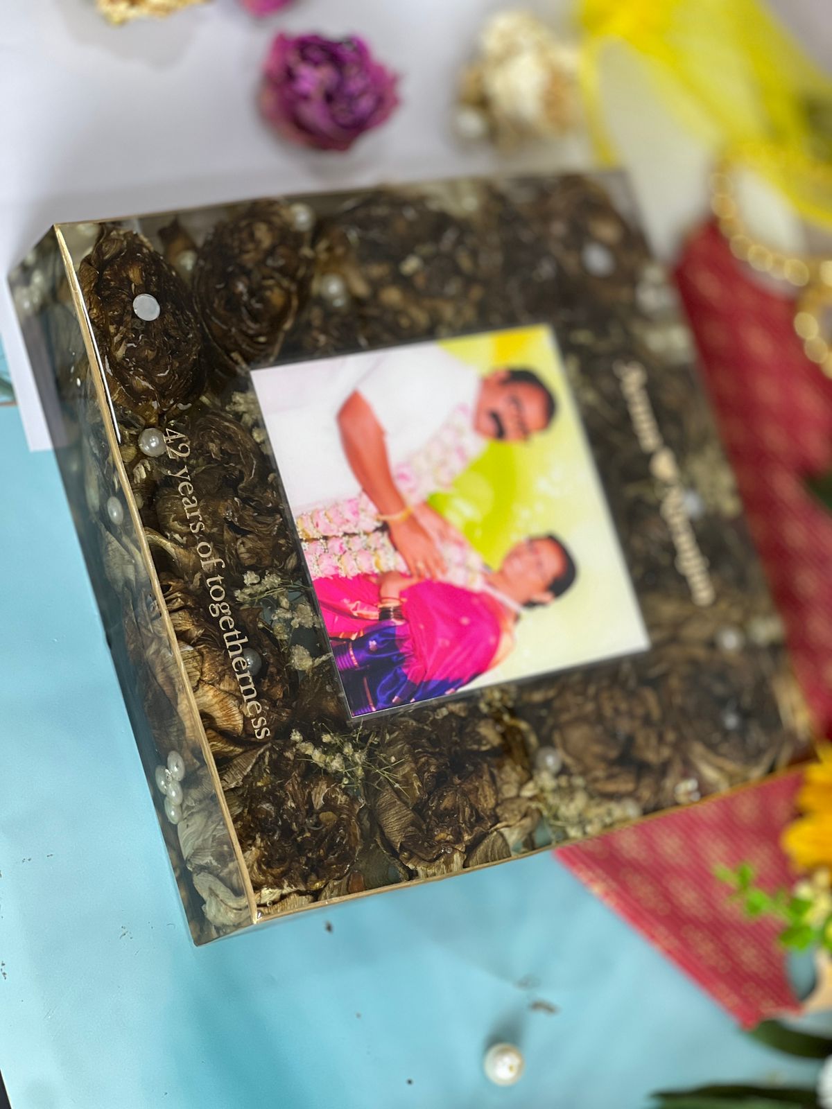 Resin 8inch squre with Lotus flower and pearls with Couple photo and Name memores Varmala Preservation