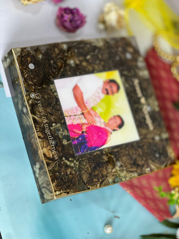 Resin 8inch squre with Lotus flower and pearls with Couple photo and Name memores Varmala Preservation