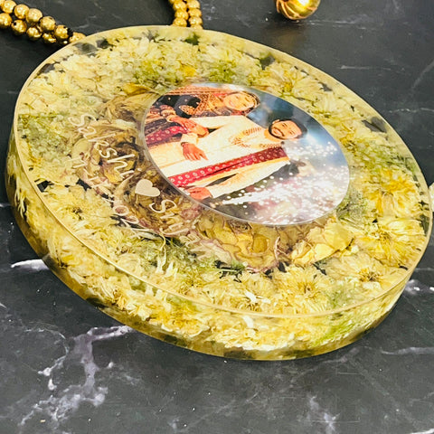 Resin 8inch round With metal stand with white flower and couple photo and name  Varmala preservation