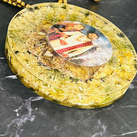 Resin 8inch round With metal stand with white flower and couple photo and name  Varmala preservation