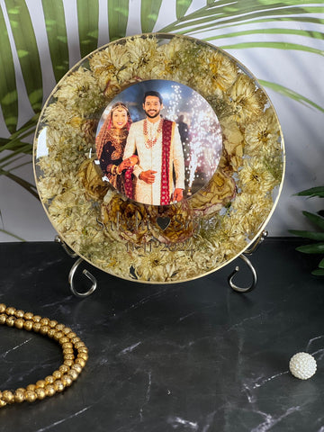 Resin 8inch round With metal stand with white flower and couple photo and name  Varmala preservation