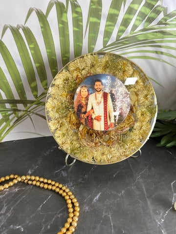 Resin 8inch round With metal stand with white flower and couple photo and name  Varmala preservation