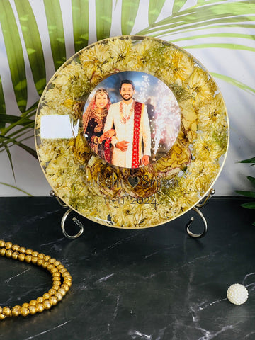 Resin 8inch round With metal stand with white flower and couple photo and name  Varmala preservation