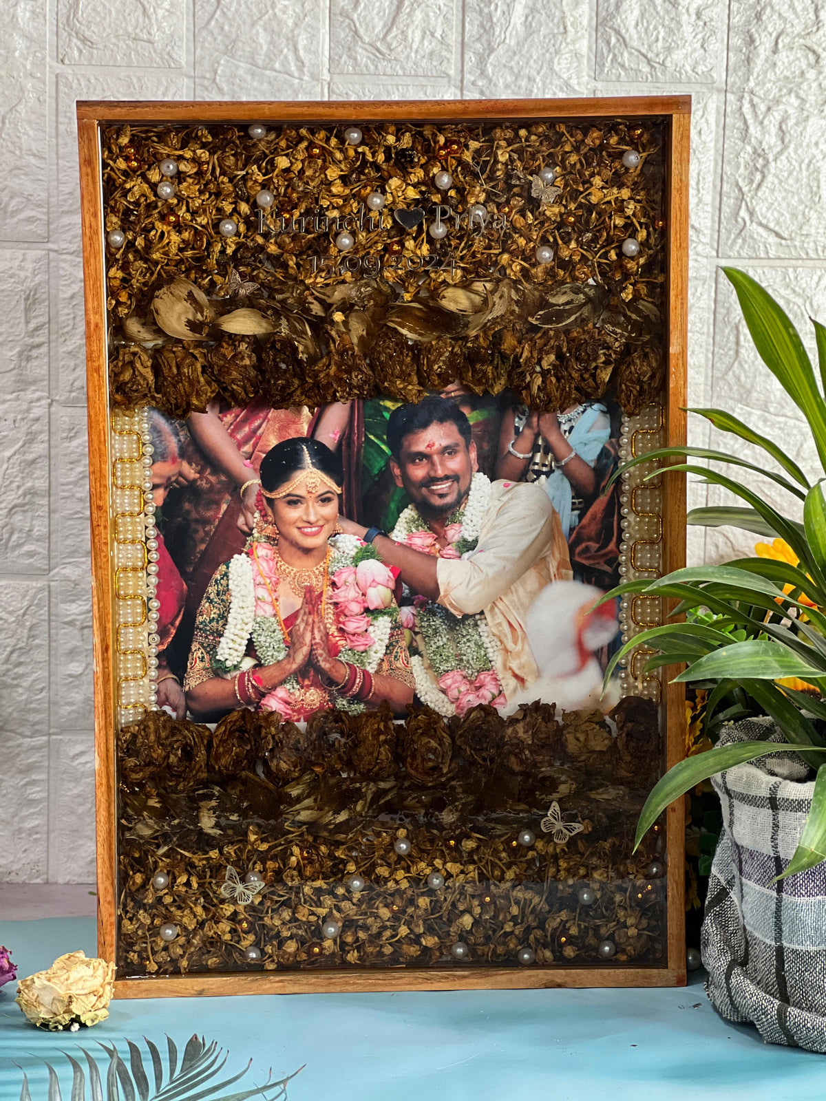 Resin 12 by 18 inch wooden frame with Lotus petals And Flowers with couple photo and Name and date  Varmala Preservation