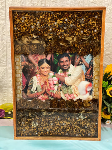 Resin 12 by 18 inch wooden frame with Lotus petals And Flowers with couple photo and Name and date  Varmala Preservation