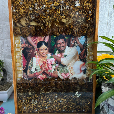 Resin 12 by 18 inch wooden frame with Lotus petals And Flowers with couple photo and Name and date  Varmala Preservation