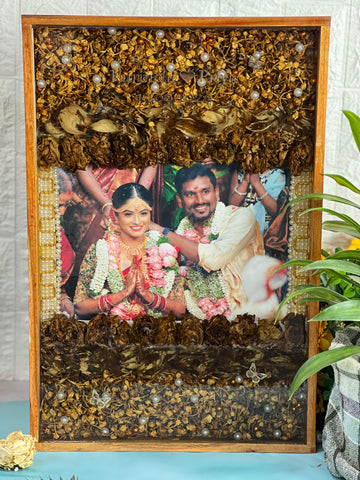 Resin 12 by 18 inch wooden frame with Lotus petals And Flowers with couple photo and Name and date  Varmala Preservation