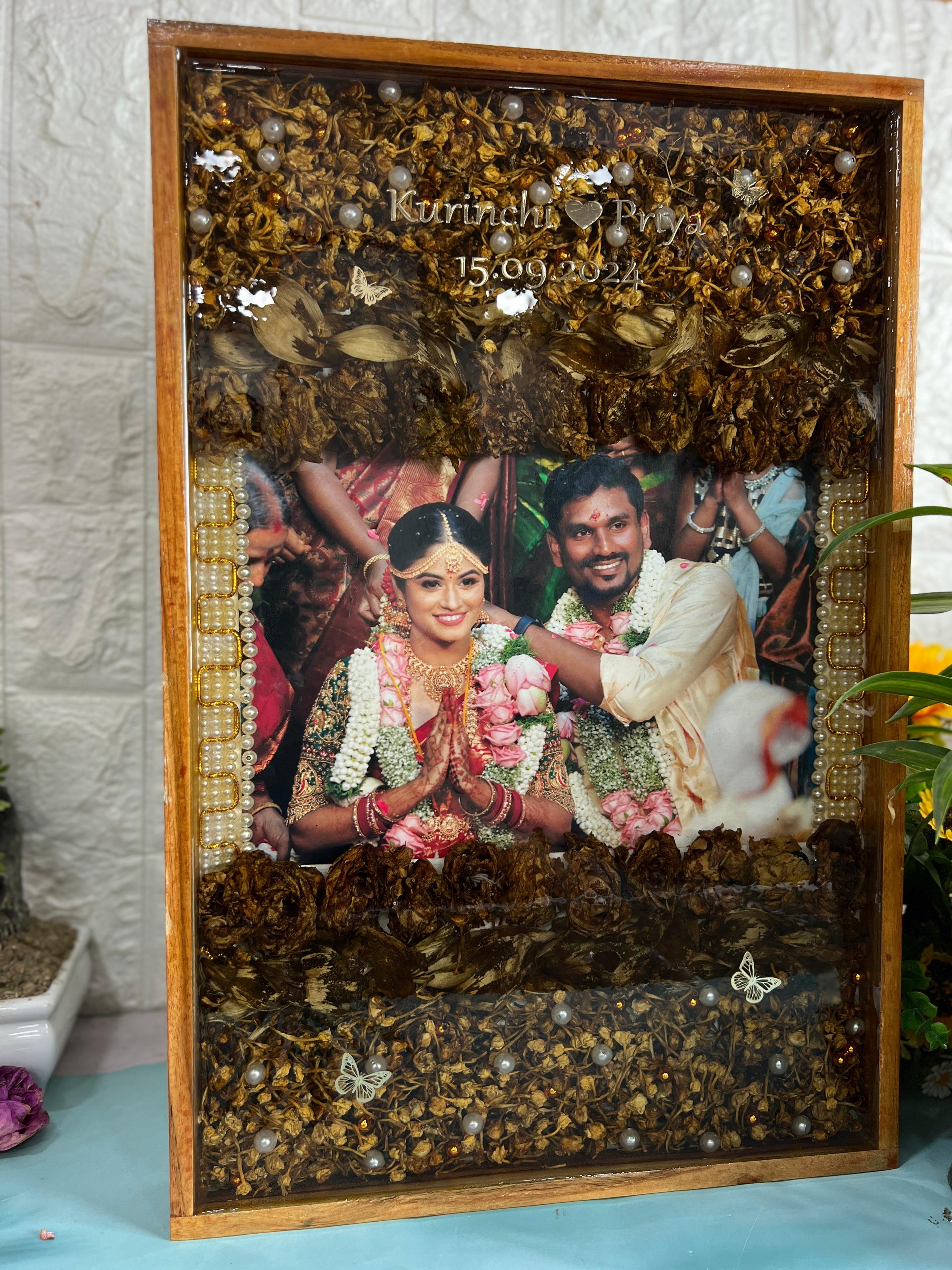 Resin 12 by 18 inch wooden frame with Lotus petals And Flowers with couple photo and Name and date  Varmala Preservation