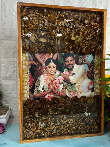 Resin 12 by 18 inch wooden frame with Lotus petals And Flowers with couple photo and Name and date  Varmala Preservation