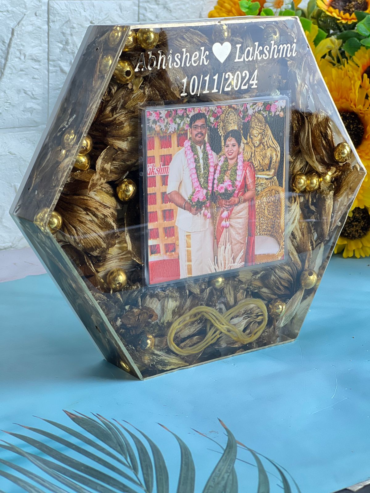 Resin 8 inch hexagonal frame with Lotus flower and couple photo with Name , Date Varmala Preservation