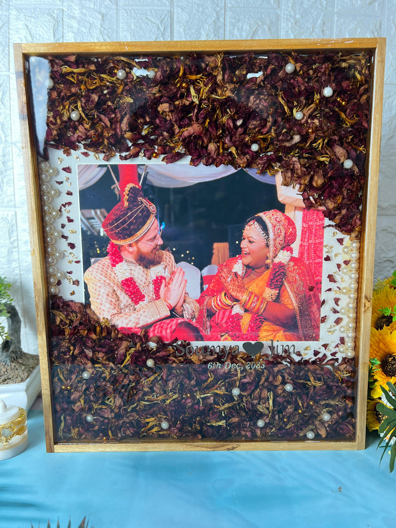 Resin 15 by 18 inch frame with red rose peatles and pearels and Couple Name and Date Varmala Preservation