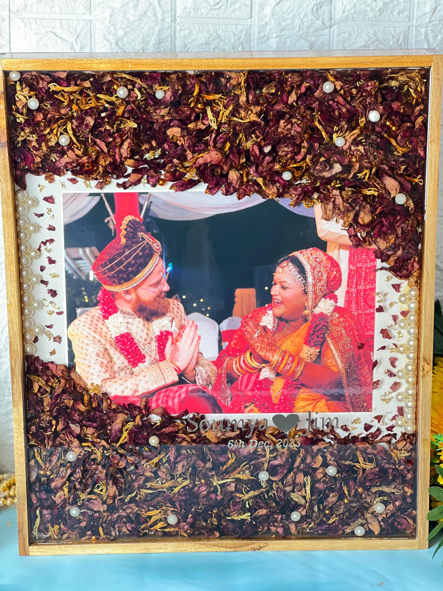 Resin 15 by 18 inch frame with red rose peatles and pearels and Couple Name and Date Varmala Preservation