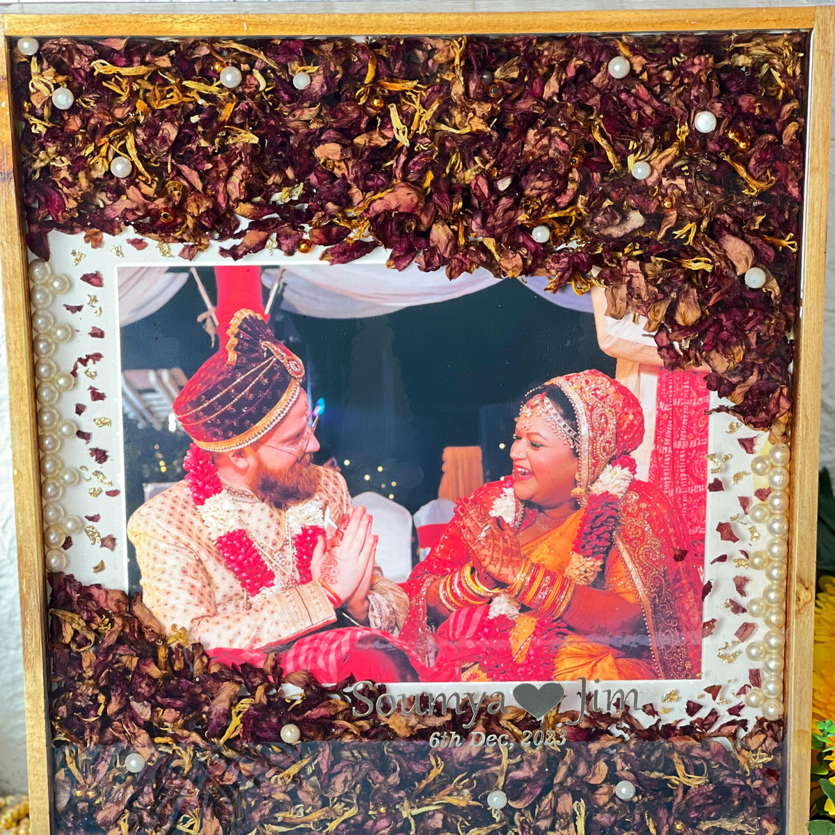 15 x 18 inch teak wood varmala preservation frame with maroon roses, large photo