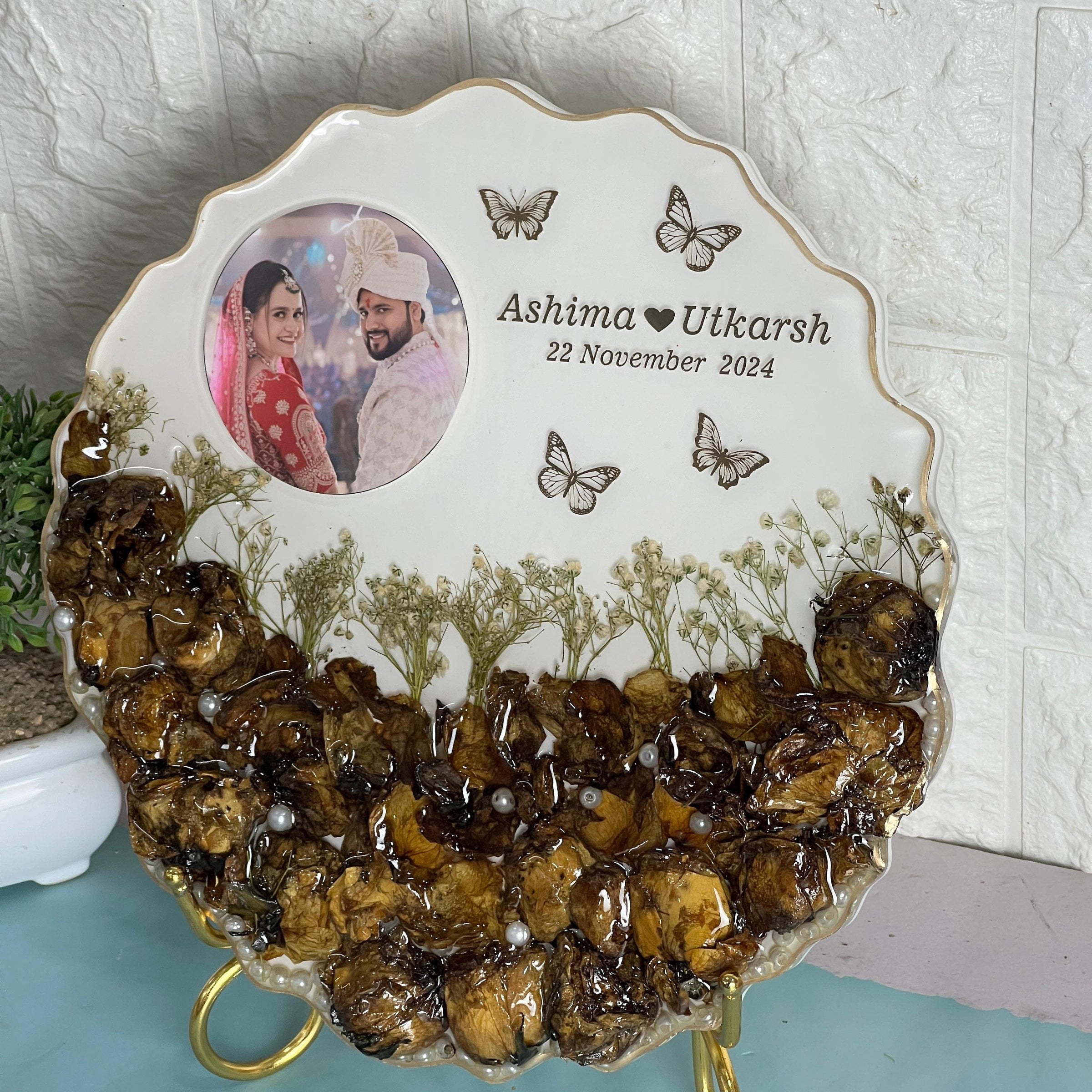 Wedding Flowers Preserved in 10-Inches Agate Resin Frame