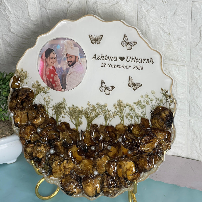 Wedding Flowers Preserved in 10-Inches Agate Resin Frame