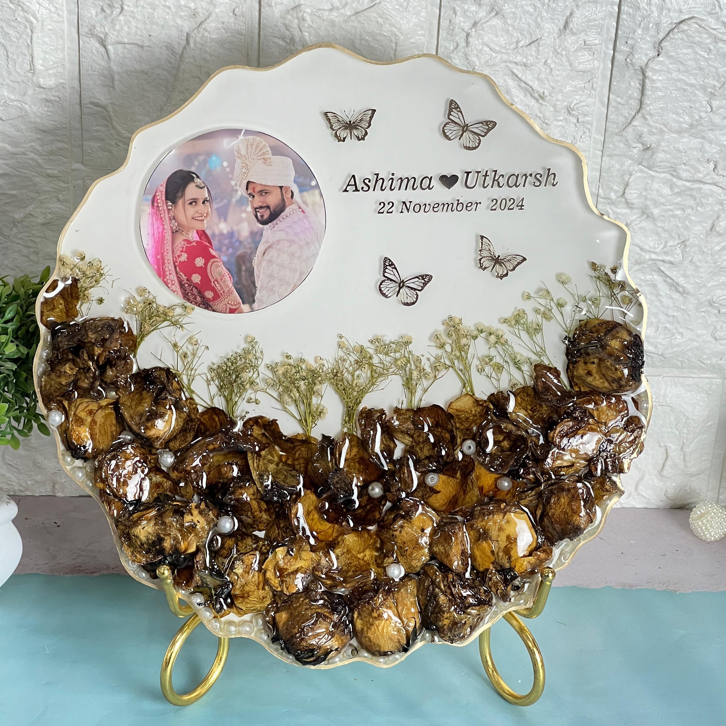 Wedding Flowers Preserved in 10-Inches Agate Resin Frame
