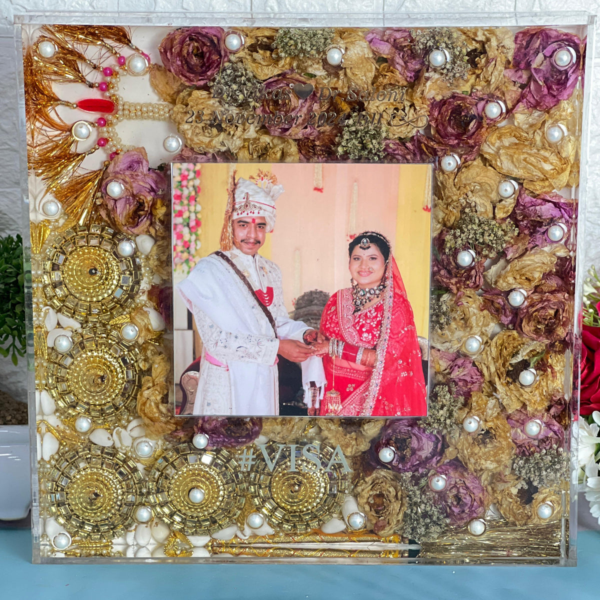 12 inch varmala and kaleera preservation frame with wedding ornaments