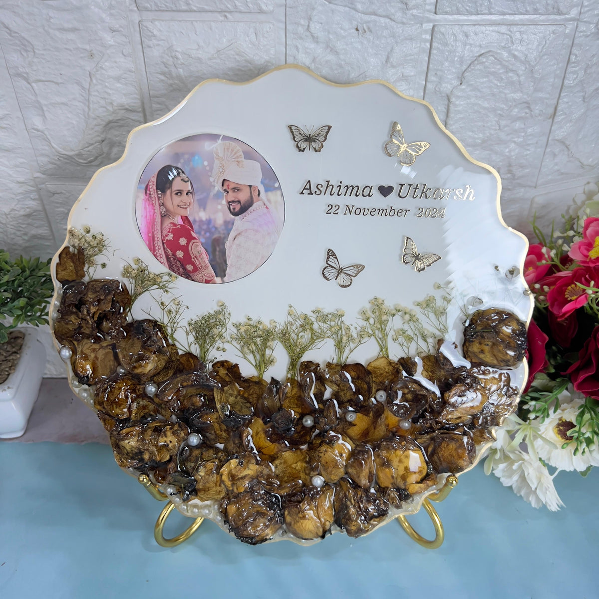 Wedding Flowers Preserved in 10-Inches Agate Resin Frame