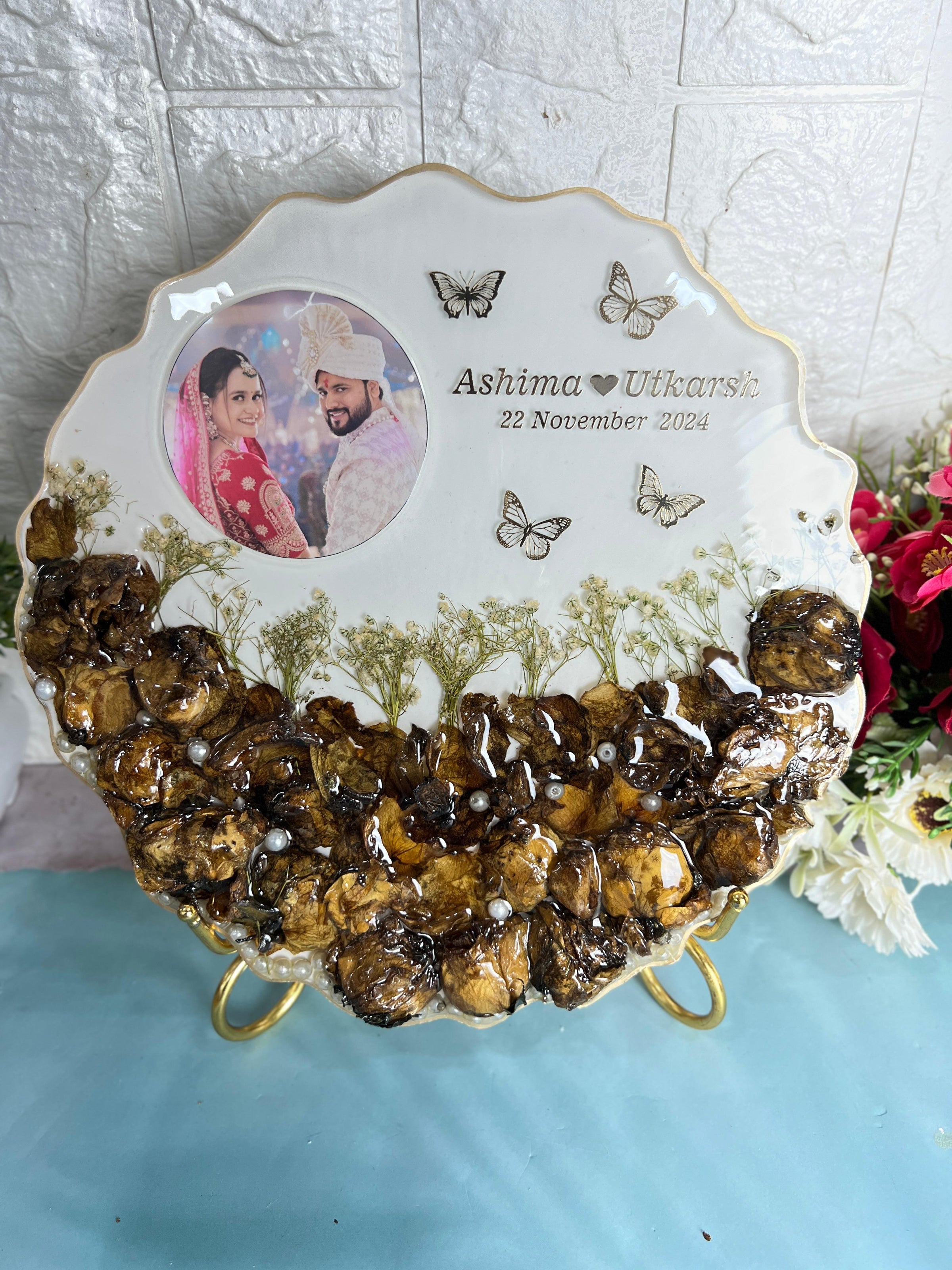 Wedding Flowers Preserved in 10-Inches Agate Resin Frame