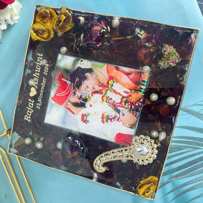 Wedding Roses, Photo and Kalangi in 8 Inch Square Resin Frame