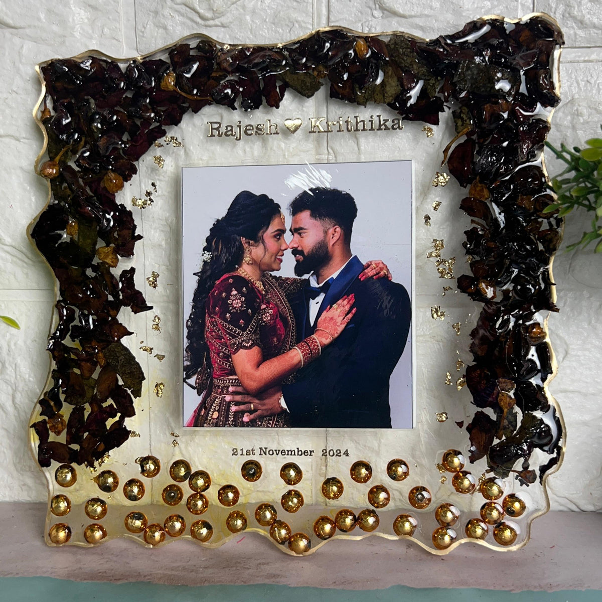 Varmala Flowers Preserved in Crystal Clear Epoxy Resin Frame (8-Inches)