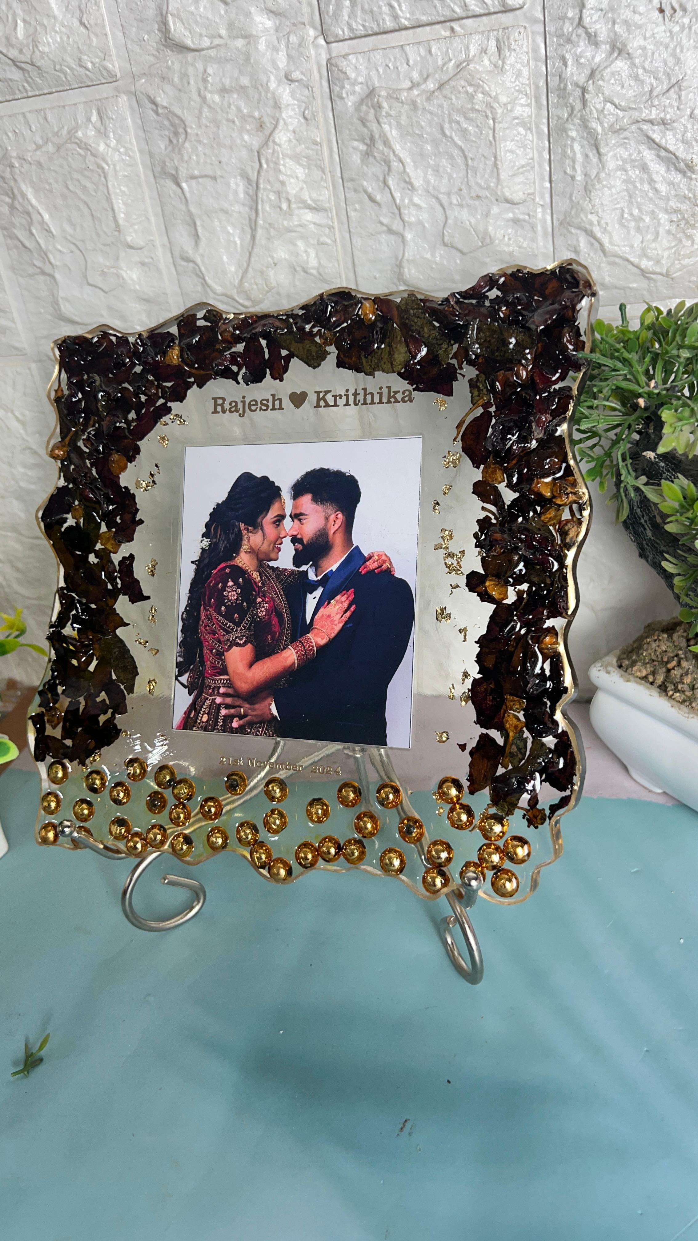 Varmala Flowers Preserved in Crystal Clear Epoxy Resin Frame (8-Inches)