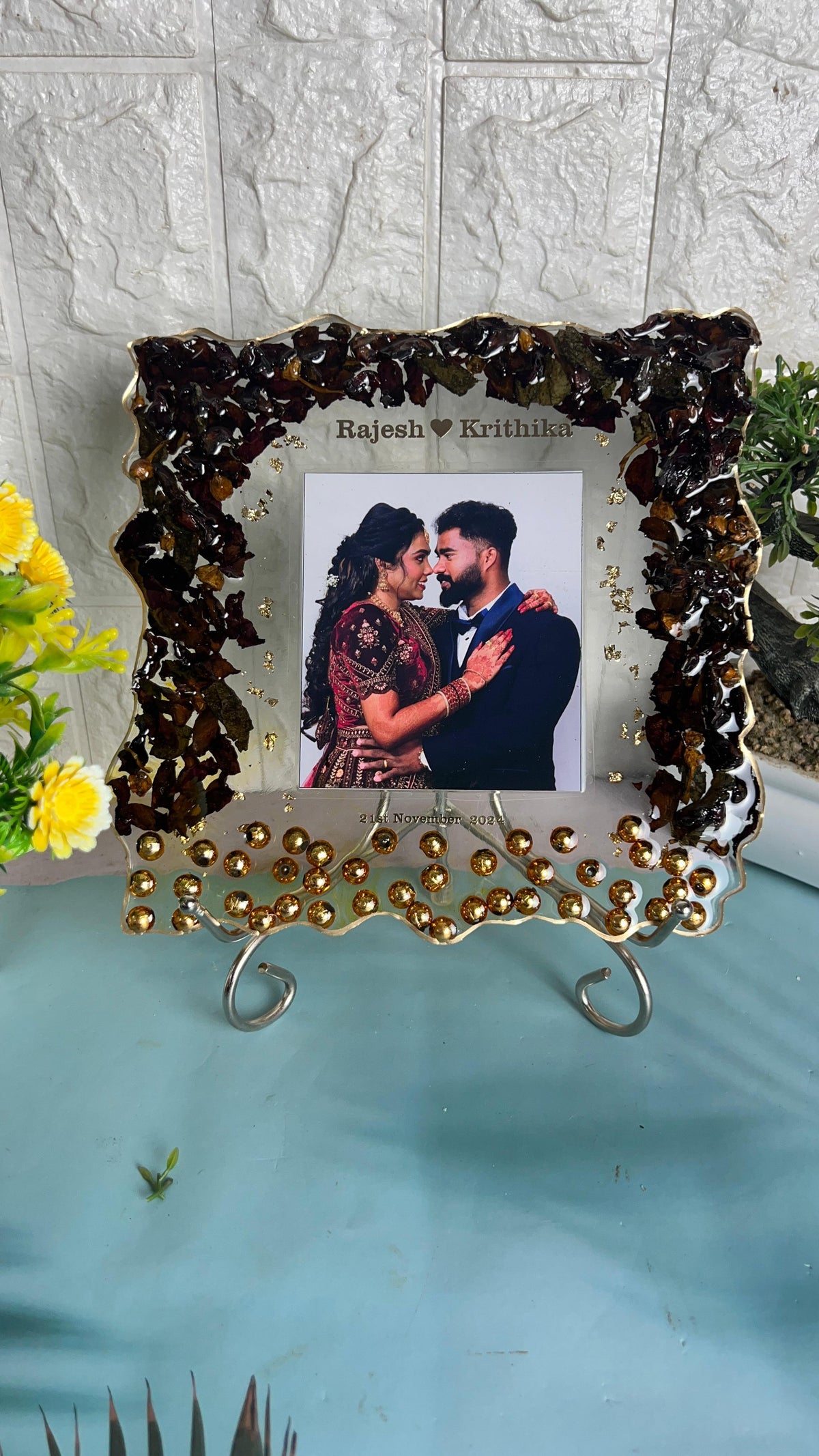Varmala Flowers Preserved in Crystal Clear Epoxy Resin Frame (8-Inches)