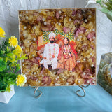 8 inch clear square varmala resin block with mixed roses