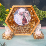 8-Inches Varmala Preserved Wooden Hexagonal LED  Frame | Resin Candle Holder
