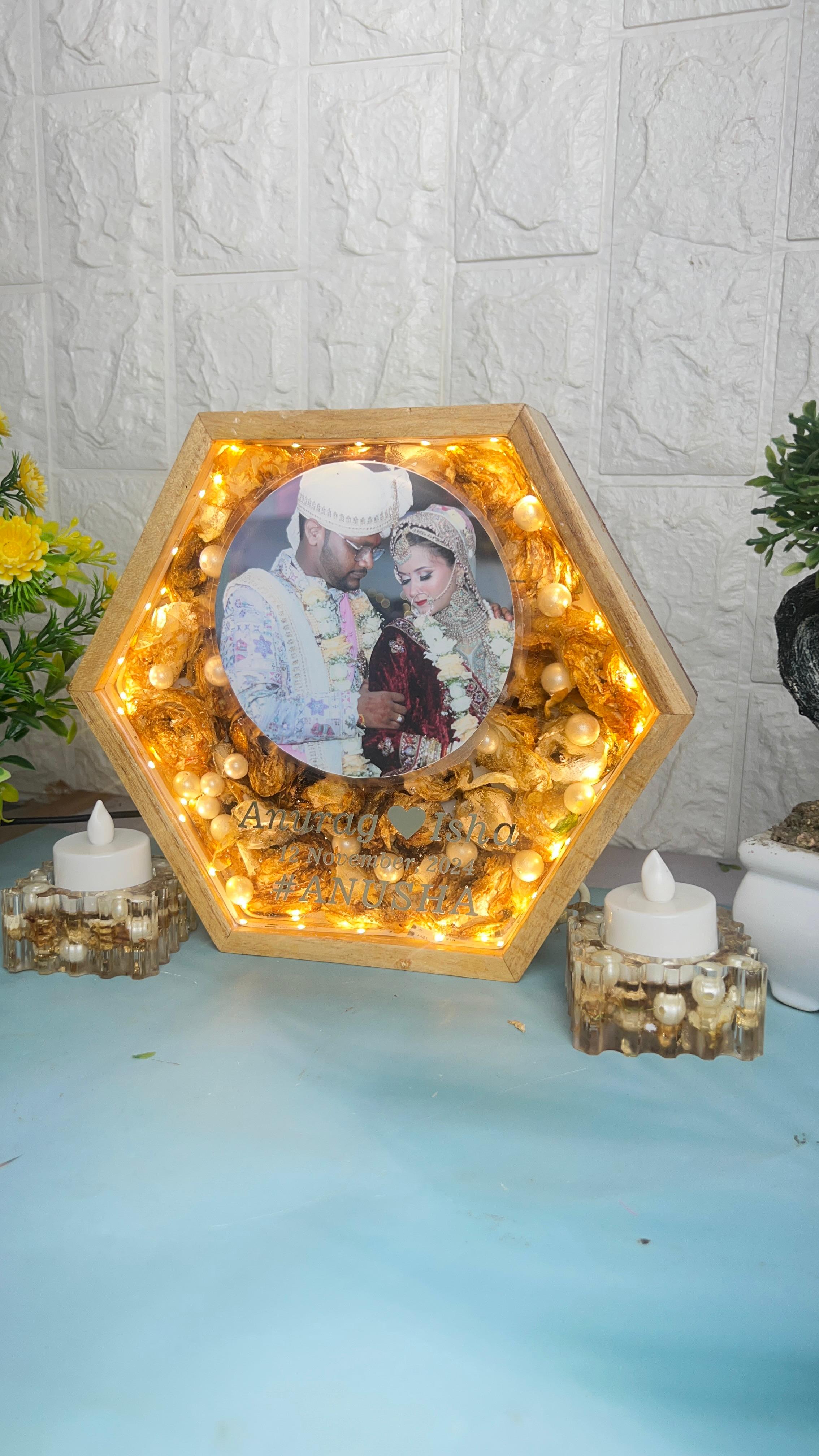 8-Inches Varmala Preserved Wooden Hexagonal LED  Frame | Resin Candle Holder
