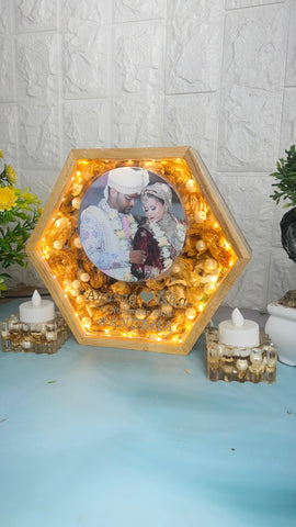 8-Inches Varmala Preserved Wooden Hexagonal LED  Frame | Resin Candle Holder