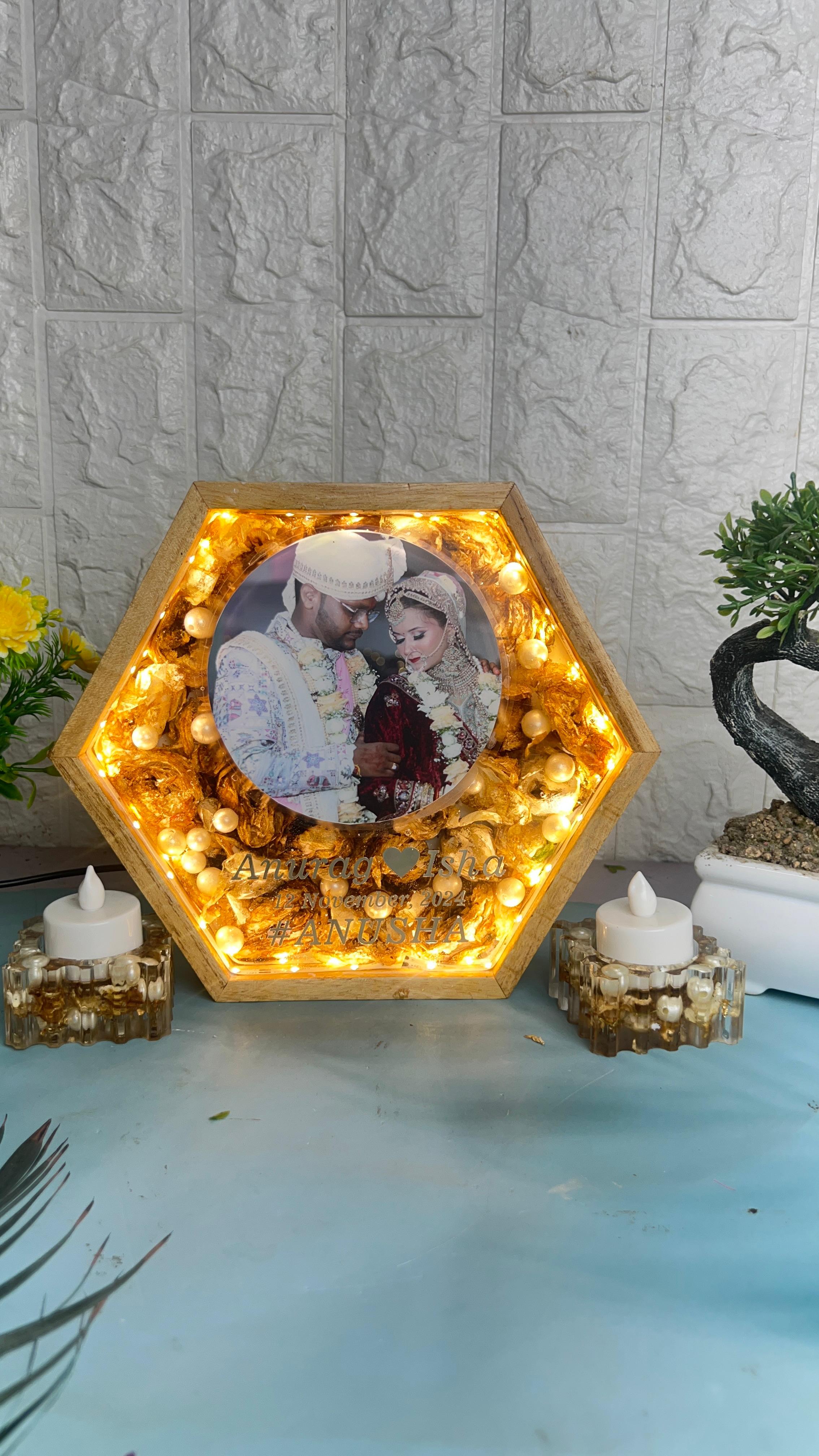 8-Inches Varmala Preserved Wooden Hexagonal LED  Frame | Resin Candle Holder