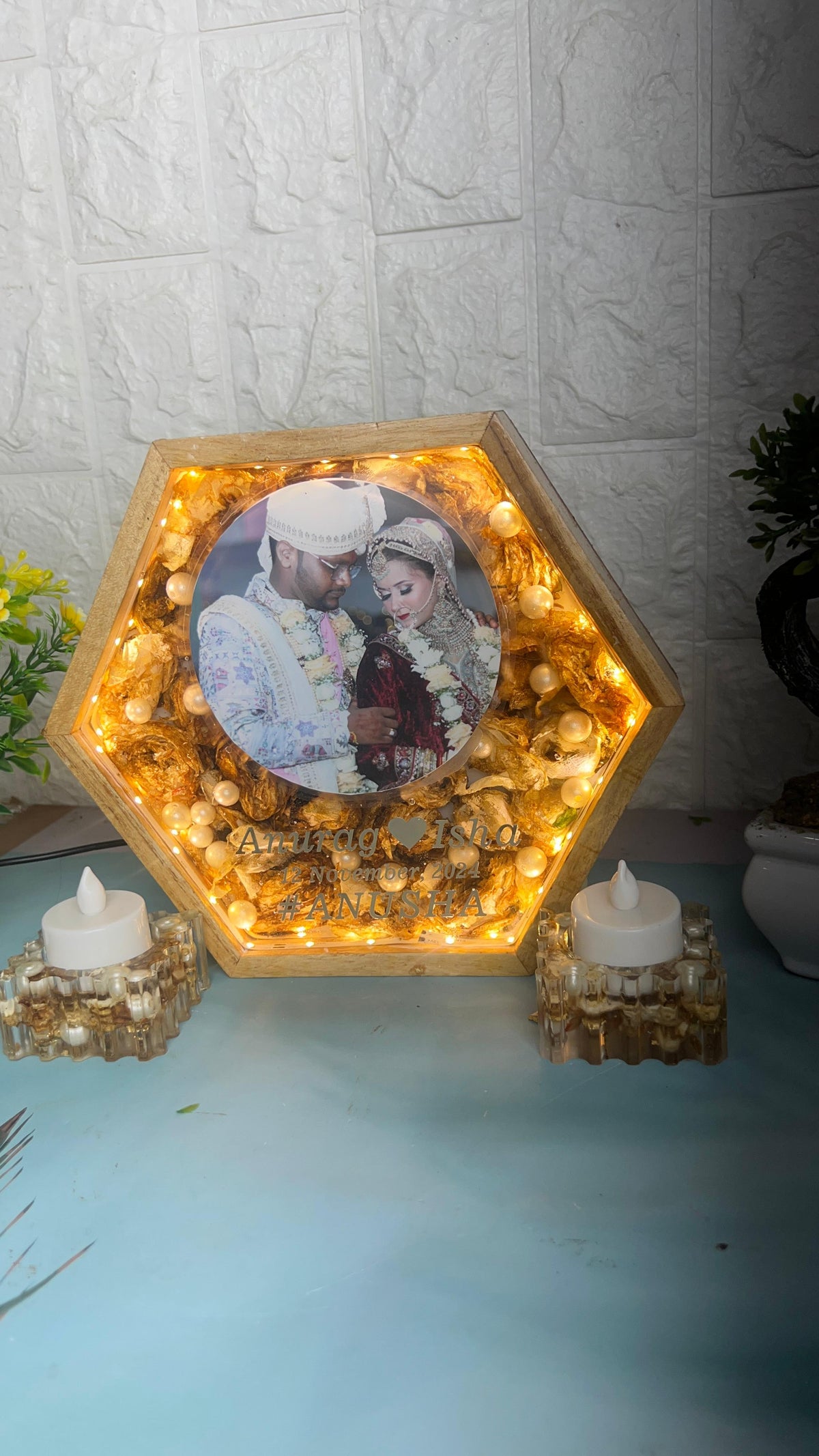 8-Inches Varmala Preserved Wooden Hexagonal LED  Frame | Resin Candle Holder