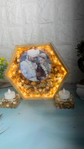 8-Inches Varmala Preserved Wooden Hexagonal LED  Frame | Resin Candle Holder