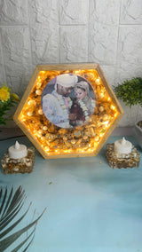 8-Inches Varmala Preserved Wooden Hexagonal LED  Frame | Resin Candle Holder