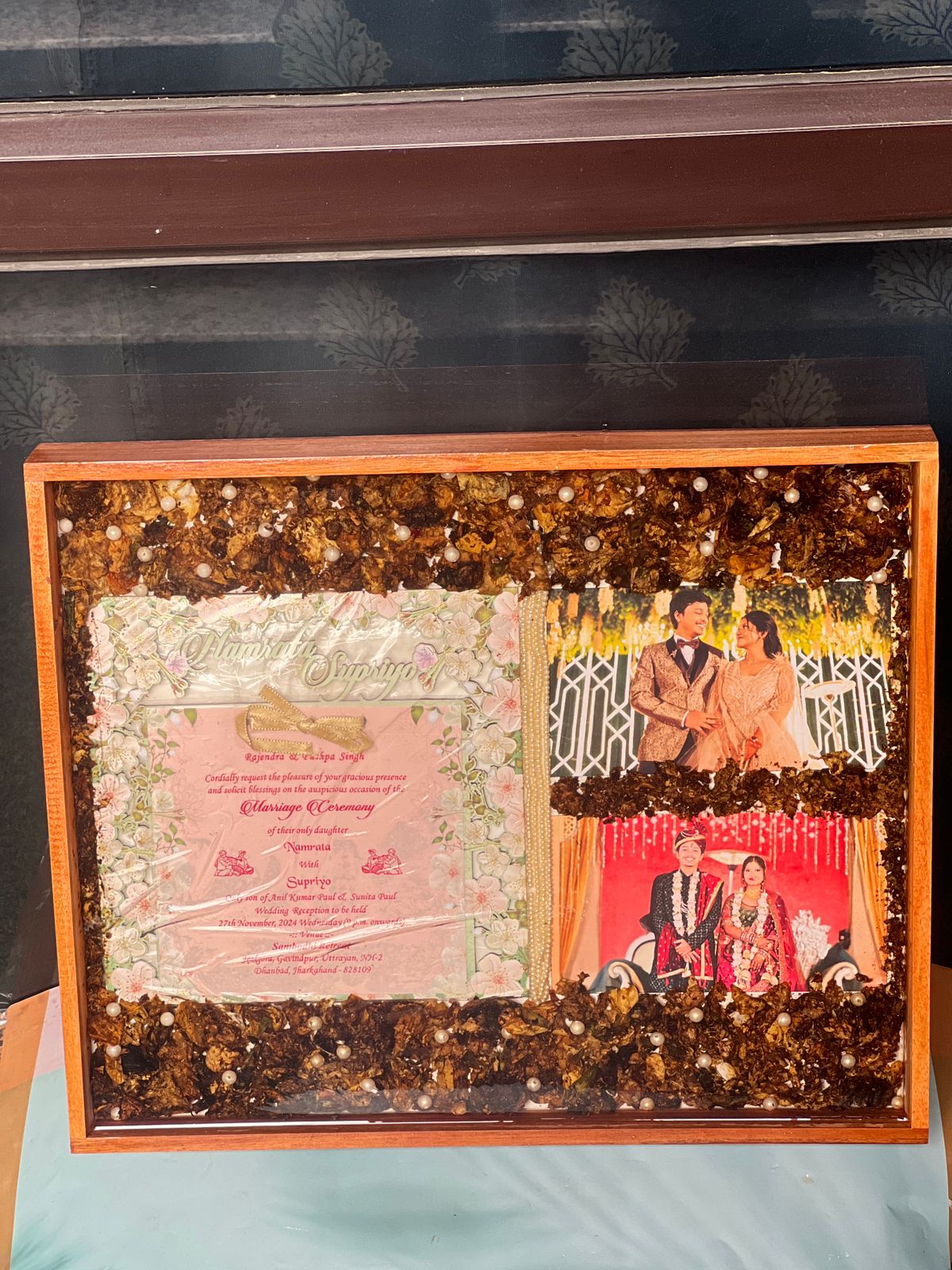 Resin 12 by 15 inch frame with Couple photo and weeding card and Couple Photo with Flowers petals and pearls Varmala preservation