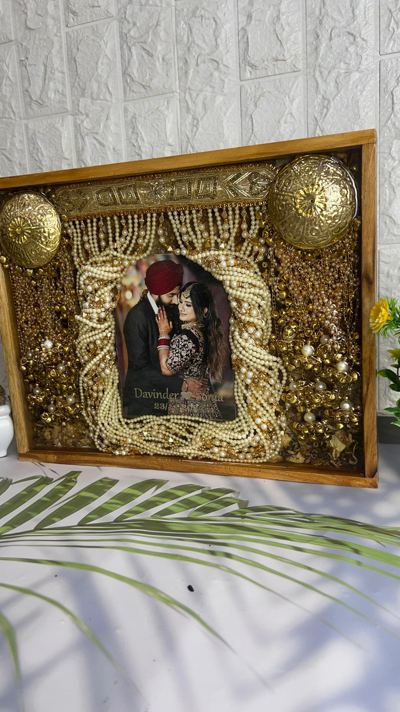 Resin 11inch by 14inch Wooden frame with Couple Flowers and Keleera And Sehra With Couple Name and Photo Varmala Preservation