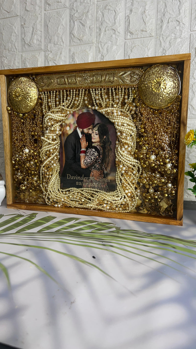 Resin 11inch by 14inch Wooden frame with Couple Flowers and Keleera And Sehra With Couple Name and Photo Varmala Preservation