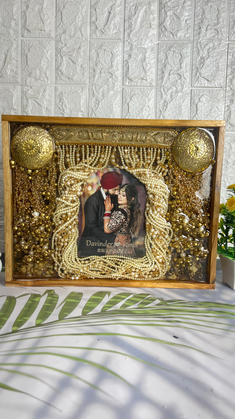 Resin 11inch by 14inch Wooden frame with Couple Flowers and Keleera And Sehra With Couple Name and Photo Varmala Preservation