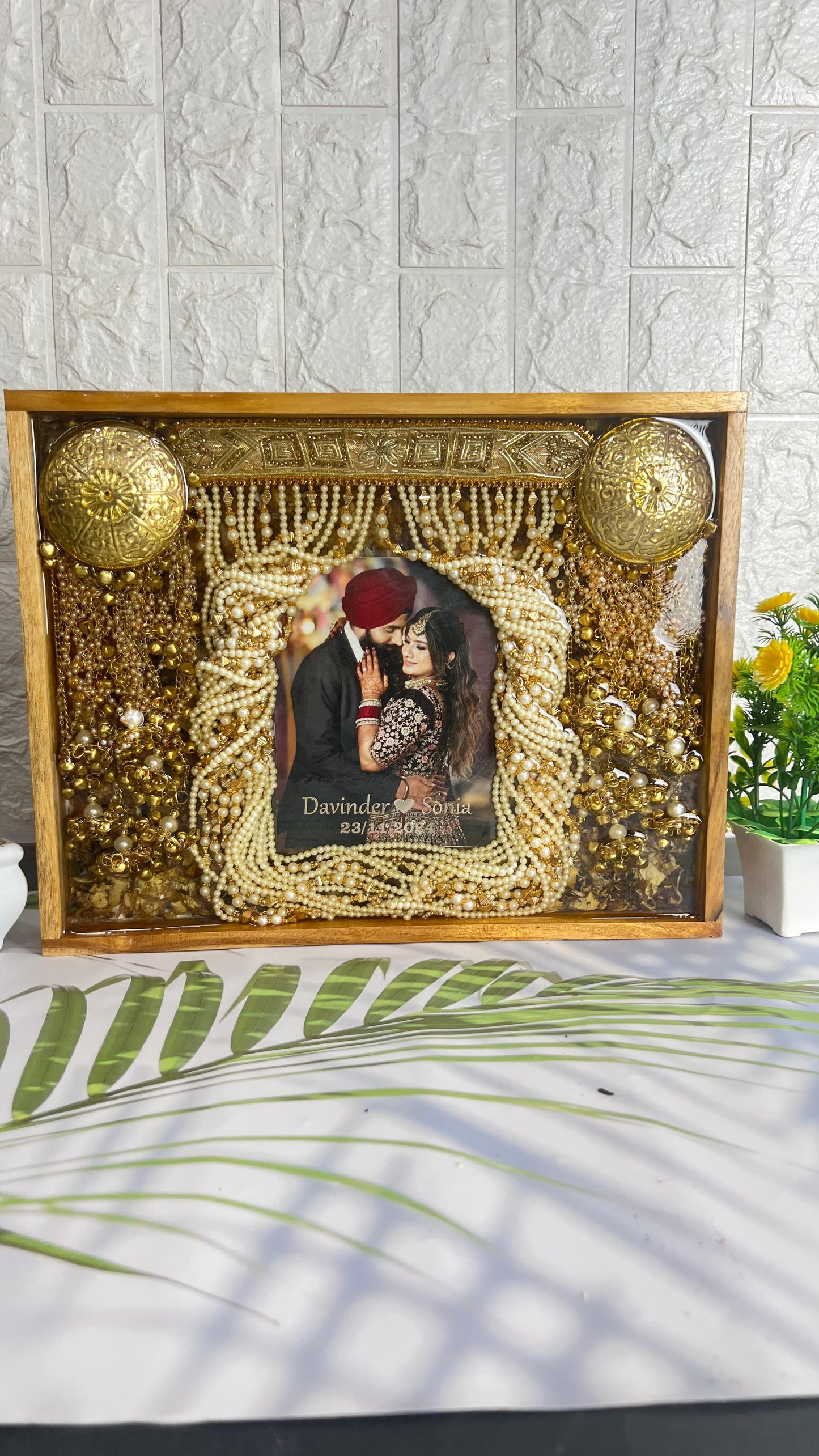 Resin 11inch by 14inch Wooden frame with Couple Flowers and Keleera And Sehra With Couple Name and Photo Varmala Preservation