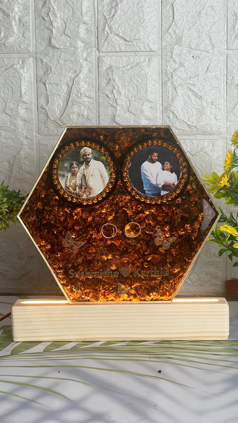 Resin 8inch Hexagonal frame with Couple photo and some Memories itmes and Petals with LED stand Varmala Preservation