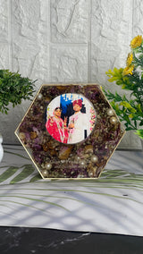 Resin 8inch Pink flowers with Couple Name and Photo With Memoreis Varmala Preservation