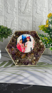 Resin 8inch Pink flowers with Couple Name and Photo With Memories Varmala Preservation