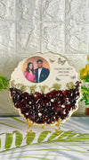 Resin 8inch curve shape with Red roses Petals and Pearls with couple photo and Name and Date Varmala Preservation