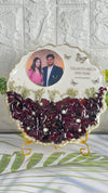 Resin 8inch curve shape with Red roses Petals and Pearls with couple photo and Name and Date Varmala Preservation