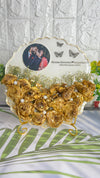 Resin 8inch curve shape with Yellow Flowers with 3d shape and Pearls with Babybreath with Couple Photo and Name Varmala Preservation