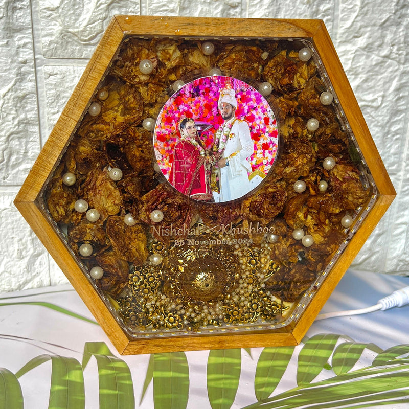 LED Hexagonal Wooden Frame with Preserved Wedding Photo & Flowers (8-Inches)